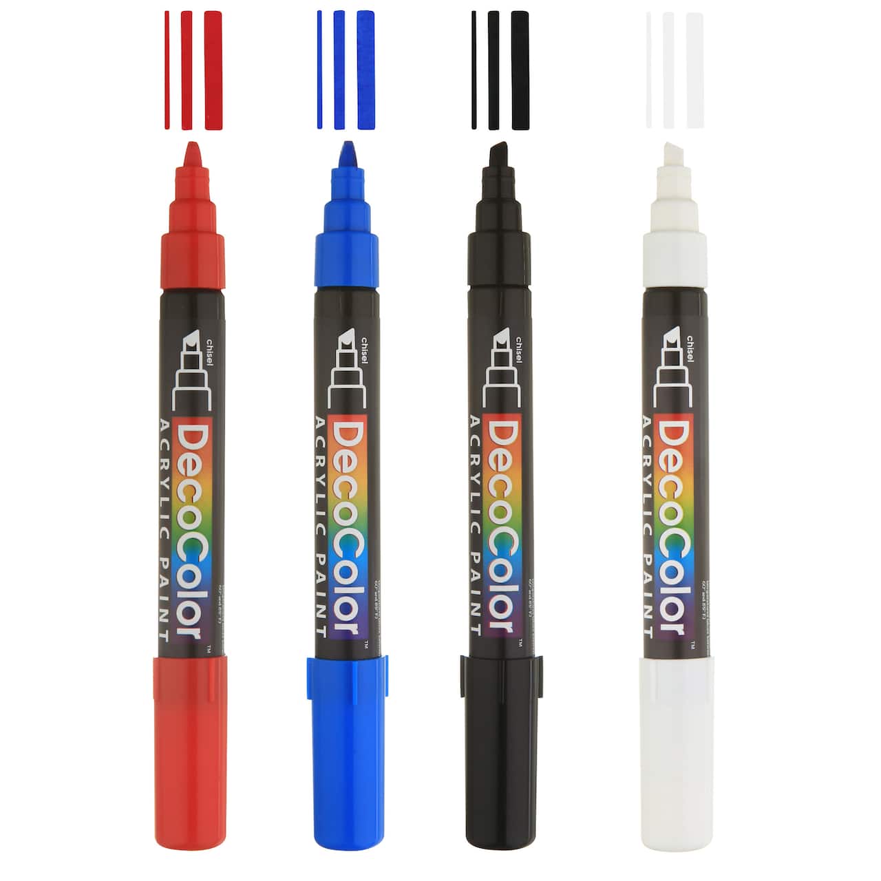 DecoColor® Red, Blue, Black & White Chisel Tip Acrylic Paint Marker Set